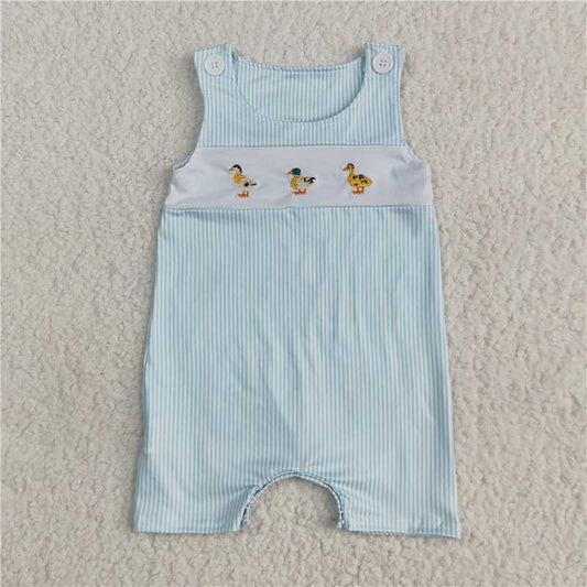 RTS SR2991 Baby Boys Romper Smocked Ducks Baby Boys Blue Stripe Sleeveless Button Rompers
