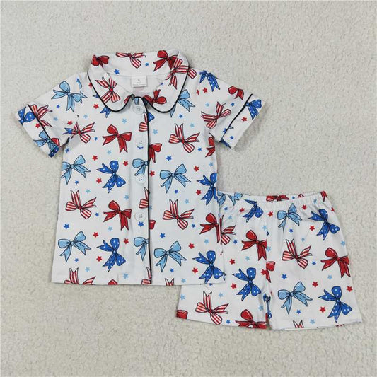 RTS GSSO2484 Baby Girls' 4th of July Pajamas Set with Blue Red Bows Button Top Short Outfit for Babies