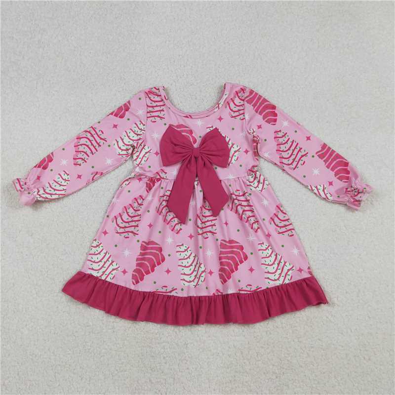 GLD1276 Baby Girls Pink Christmas Trees Stars Bows Ruffle Knee Length Dress C10.6