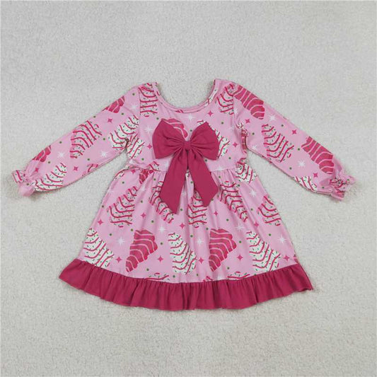 GLD1276 Baby Girls Pink Christmas Trees Stars Bows Ruffle Knee Length Dress C10.6