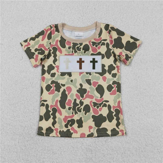 RTS BT1395 Baby Boys Top Embroidery Crosses Baby Boys Short Sleeve Camo Easter T-shirts Top