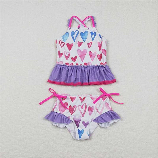 RTS S0163 Baby Girls 2pcs Swimsuit Set Colorful Heart Top Ruffle Bottom Swimwear for Infants