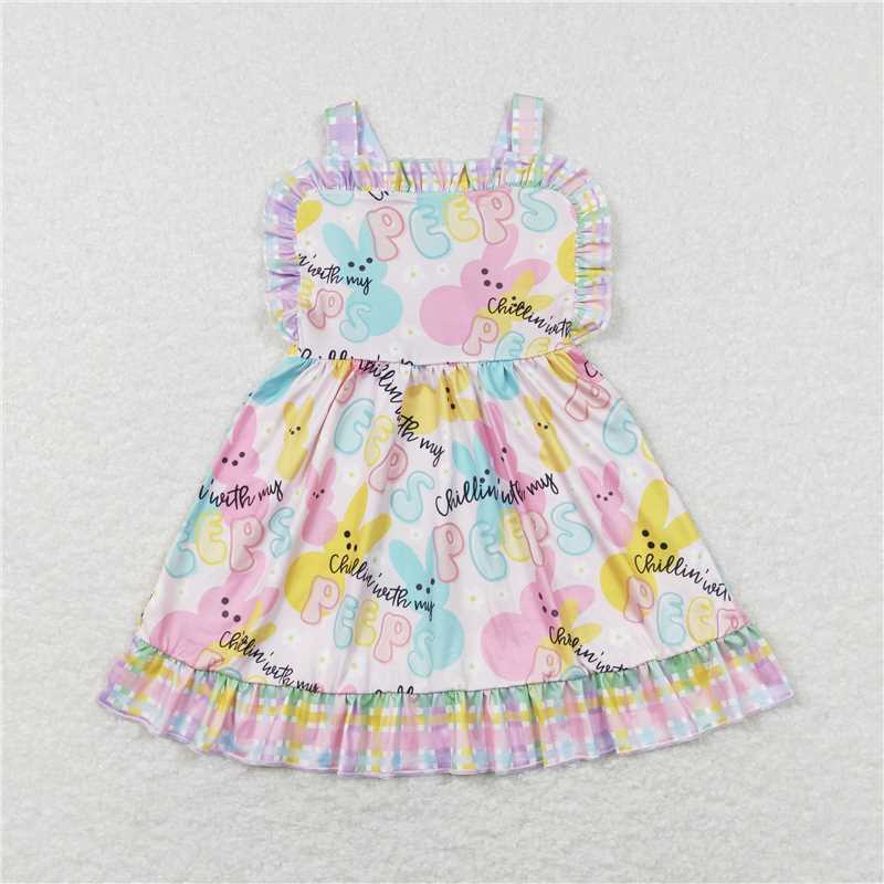 RTS GSD0551  Baby Girls Colorful Easter Bunnies Knee-Length Dresses Spring Holiday Outfit Toddler Girls Dress