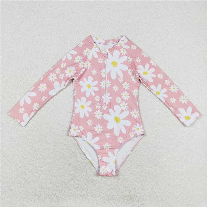 RTS S0244 Baby Girls Daisy Print Long Sleeve Pink Swimsuit Infant Swimwear Comfortable Soft Fabric Baby Pool Suit Baby Beachwear