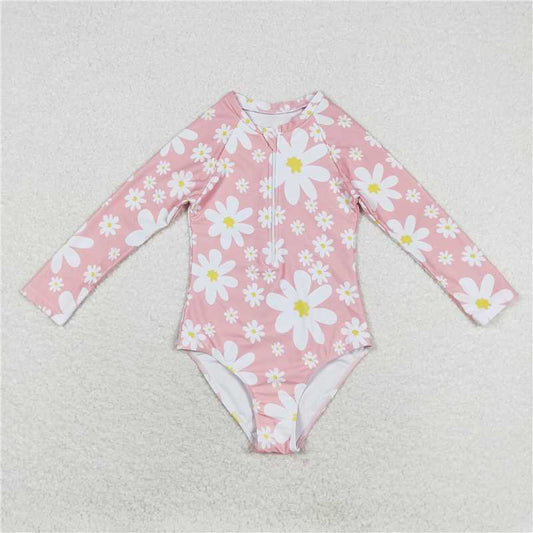 RTS S0244 Baby Girls Daisy Print Long Sleeve Pink Swimsuit Infant Swimwear Comfortable Soft Fabric Baby Pool Suit Baby Beachwear