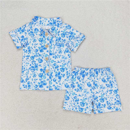 Mommy and Me Family Baby Girls Blue Flowers Shirts Ruffle Shorts Pajamas Clothes Sets