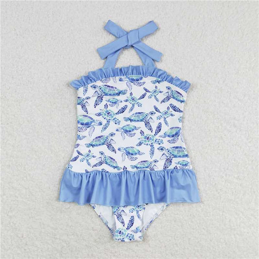 RTS S0430  Baby Girls One Piece Swimsuit Ruffle Halter Neck Turtles Print Design Infant Pool Suit Baby Girl's Summer Beachwear