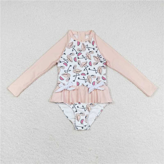 RTS S0245  Baby Girls Flamingo Long Sleeve Pink Swimsuit Infant Pool Swimwear Comfortable Elastic Fabric Baby Pool Suit Pink Swimsuits