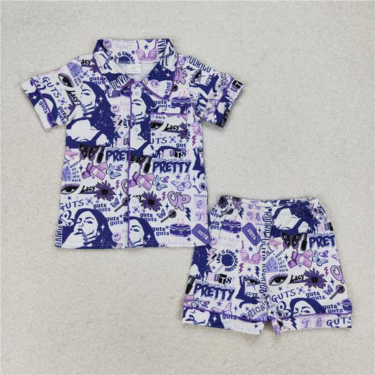 GSSO0988 Butterfly purple white short-sleeved shorts pajamas set