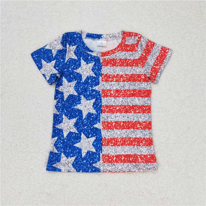 GT0584+GLK0024 Baby Girls Stars Stripes 4th Of July Shirt Skirt Clothes Set