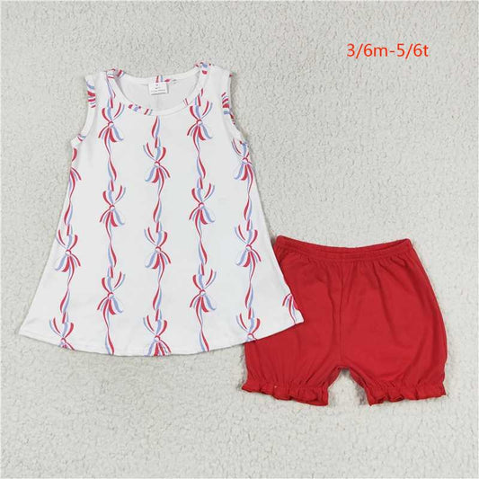 GSSO1199 4th of July National Day bow design white sleeveless red shorts suit