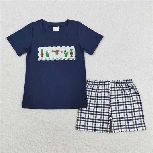 RTS BSSO0710 Baby Boys Summer Clothes Baby Boys Ducks Shirt Top Gingham Shorts Outfits Clothes Sets