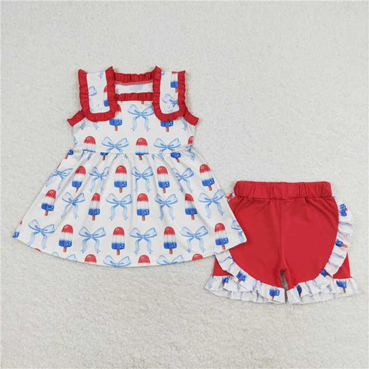 GSSO1152 4th of july Ice cream bow red lace sleeveless shorts suit