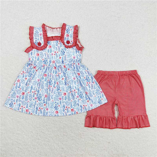 GSSO1112 Flowers blue leaves Sleeveless red plaid lace shorts set