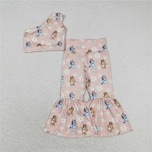 RTS GSPO1536 Baby Girls Pink Dog & Flower Print One-Shoulder Top with Bell Pants Cute Baby Outfit Set