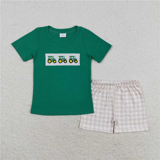 RTS BSSO0809 Baby Boys Summer Clothes Baby Boys Green Tractors Shirt Summer Shorts Clothes Sets