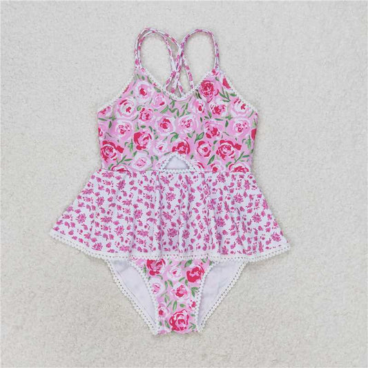 RTS S0247Baby Girls Pink Rose Flowers Ruffle One Piece Swimsuit Cute Infant Pool Swimwear Summer Beachwear for Little Girls