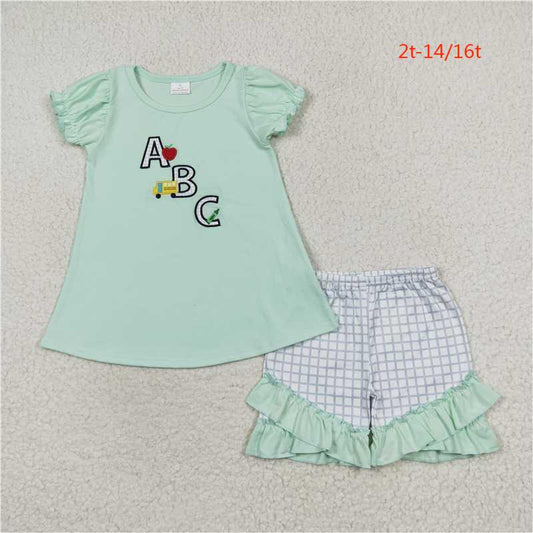 GSSO0930 Embroidered ABC Apple School Bus Green Short Sleeve Lace plaid shorts set