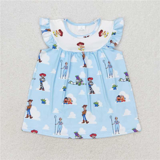 GT0592+ SS0348 Girls cartoon white cloud short sleeve top blue briefs suit