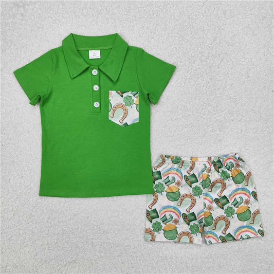 RTS BSSO1165 Baby Boys Summer Clothes Baby Boys St Patrick Day Qautrefoil Shirts Shorts Clothes Sets