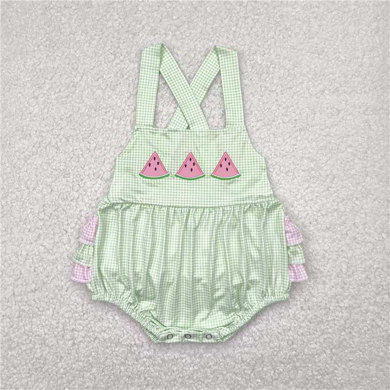 RTS SR2764 Summer Embroidery Rompers for Baby Girls Infant Watermelon Green Ruffles Cute Baby Outfit