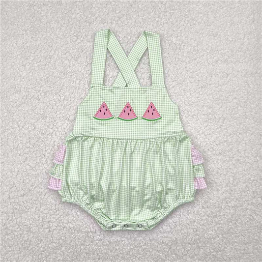 RTS SR2764 Summer Embroidery Rompers for Baby Girls Infant Watermelon Green Ruffles Cute Baby Outfit