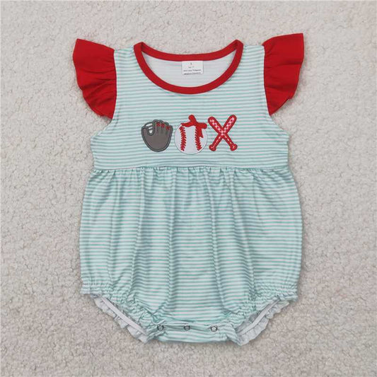 RTS SR2892  Embroidery Baby Girls Rompers Infant Girls Baseball Flutter Sleeve Outfit Soft Cotton Baby Girl Clothing Rompers