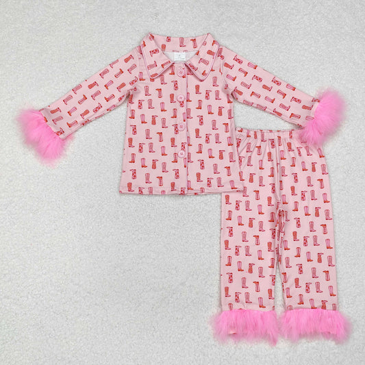 GLP1868 Baby Girls Western Pink Boots Fur Top Pants Pajamas Clothes Set