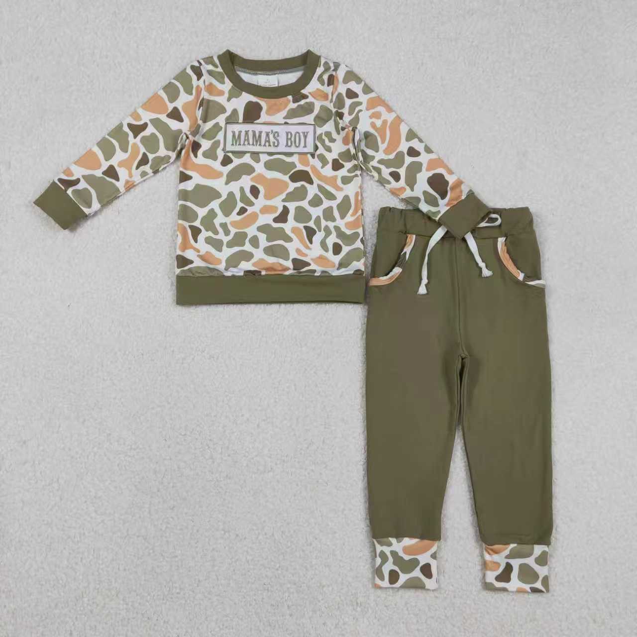 Sibling Baby Boys Embroidery Mama's Boy Orange Camo Pockets Pant Clothes Sets Hoodie Romper C12.1