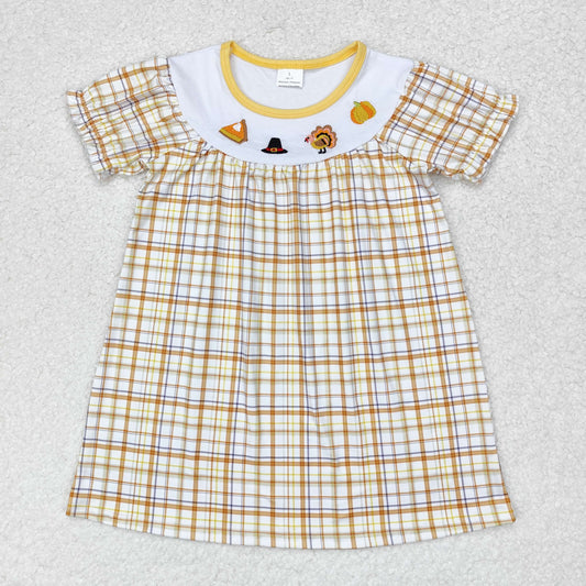 GSD1322 Embroidered hat Turkey pumpkin orange plaid short-sleeved dress