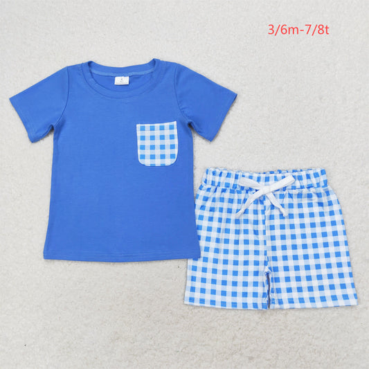 BSSO0865 Royal blue short-sleeved shorts suit with plaid pockets