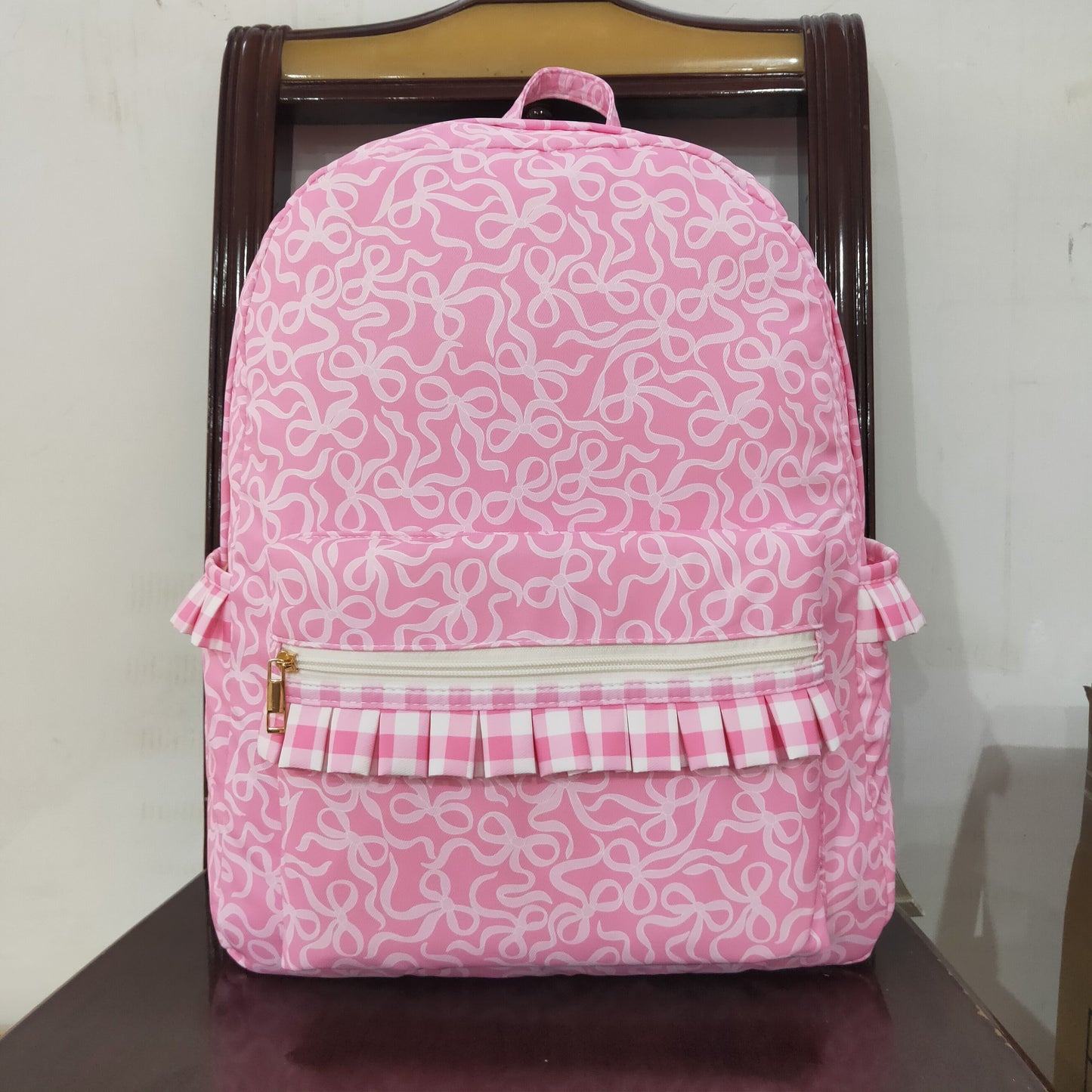 BA0308 Baby Girls Pink Bows Plaid Ruffle School Bags 8.5