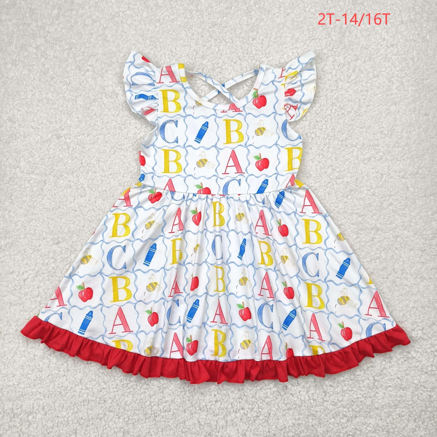 GSD2258 Baby Girls Flutter Sleeves ABC Pencil Apple Grid Knee Length Dress 4.26
