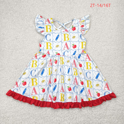 GSD2258 Baby Girls Flutter Sleeves ABC Pencil Apple Grid Knee Length Dress 4.26