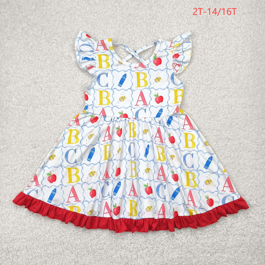 GSD2258 Baby Girls Flutter Sleeves ABC Pencil Apple Grid Knee Length Dress 4.26