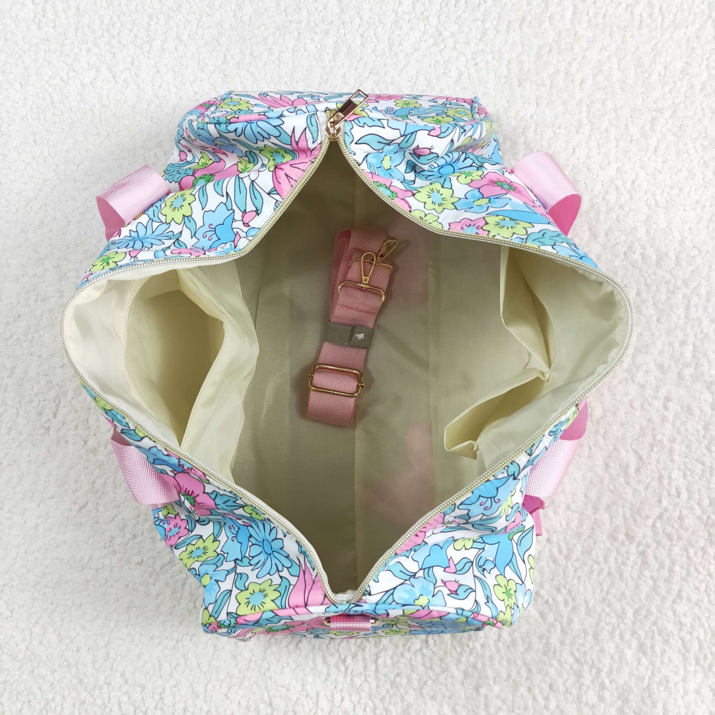 BA0291 Pink Ruffle Blue Floral Print Gym Duffle Bag 7.7