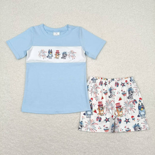 BSSO0792 4th of July cartoon dog fireworks blue and white short-sleeved shorts set