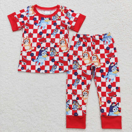BSPO0355 Cartoon dog red and white plaid short-sleeved trousers pajamas set