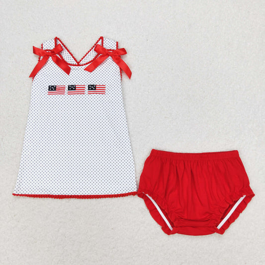 GT0599+SS0267 4th of july Embroidered flag polka dot white sleeveless top red lace briefs set