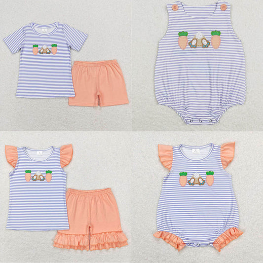 Embroidered Easter Carrot Rabbit Blue and White Striped Short Sleeve Orange Shorts Set Combination