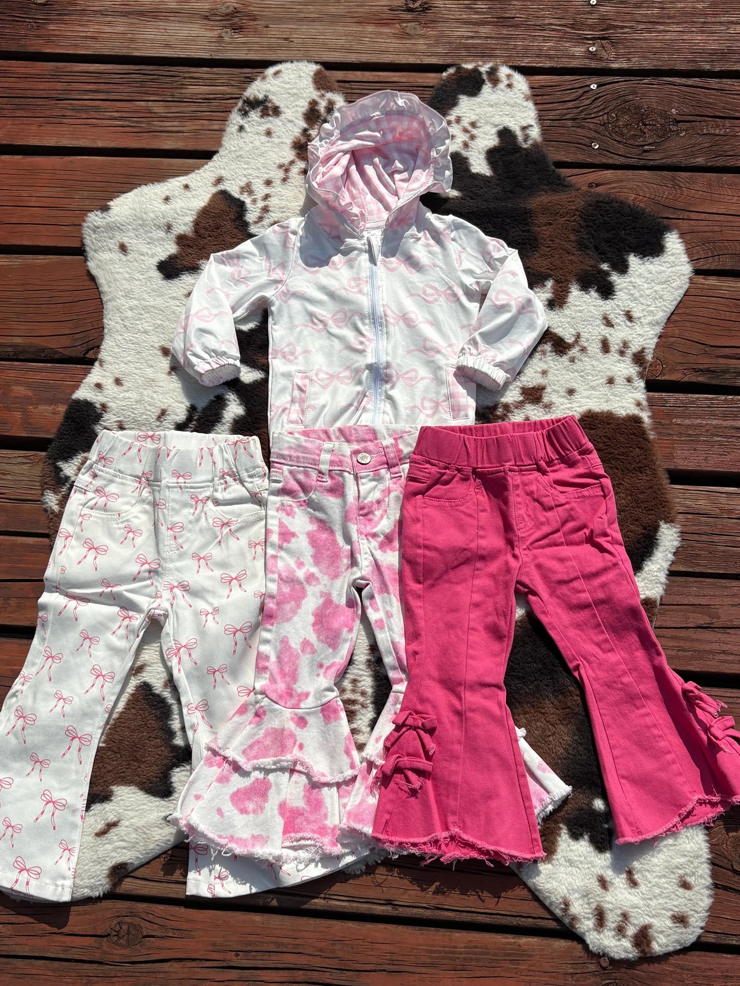 Sibling Baby Girls Pink Bows Zip Pocket Hoodies Jacket Denim Bell Bottom Pants Clothes Sets C11.25