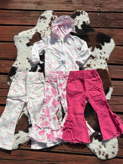 Sibling Baby Girls Pink Bows Zip Pocket Hoodies Jacket Denim Bell Bottom Pants Clothes Sets C11.25