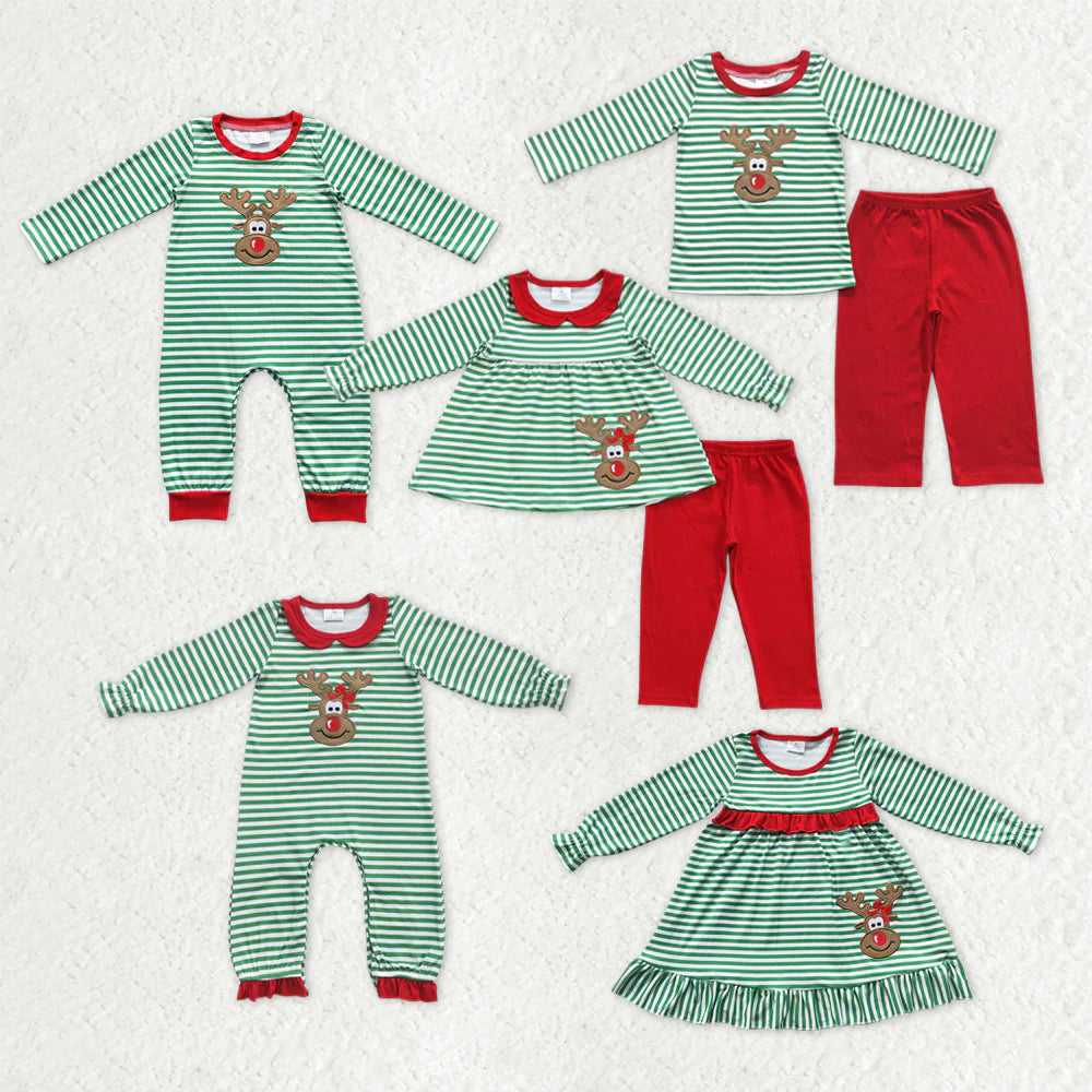Family Sibling Mama Kids Christmas Embroidery Deer Stripe Clothes Sets Rompers Dresses C11.27