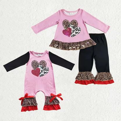 Sibling Baby Girls Leopard Hearts Tunic Ruffle Pants Valentines Clothes Set Footie Rompers C12.2