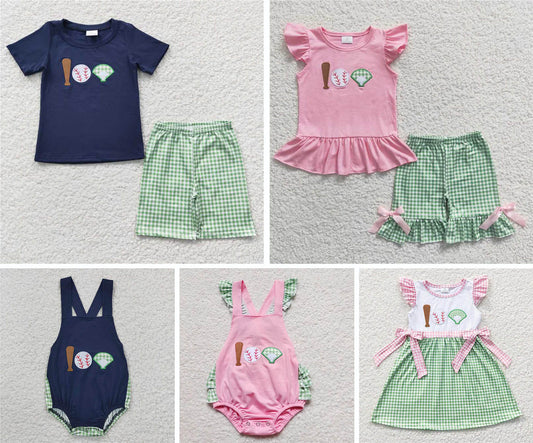 Boys and girls blue and pink embroidered baseball flying sleeves green plaid short-sleeved suit combination 