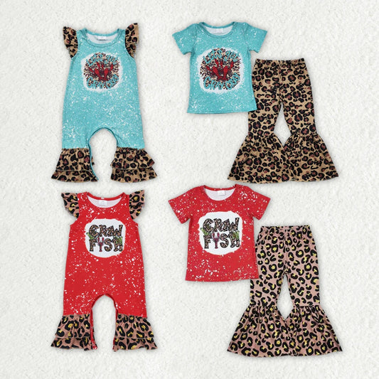 Sibling Baby Girls Crawfish Leopard Rompers Bell Bottoms Clothes Sets