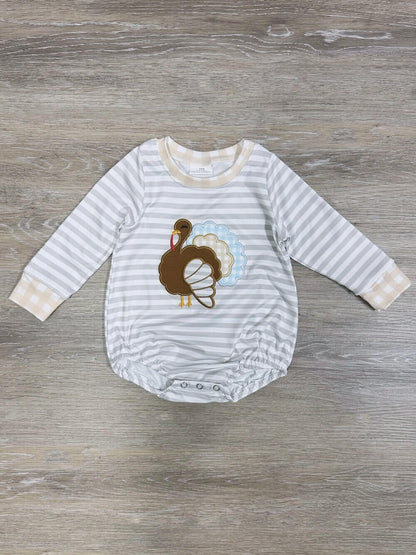 LR0427 Embroidered Baby Boys Grey Thanksgiving Turkey Romper
