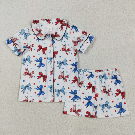 GSSO2484 Baby Girls Blue Red Bows Button Top Short 4th Of July Pajamas Set 5.15
