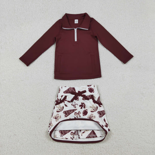 GLD1384 Baby Girls Dark Red Pullovers Bows Footballs Pockets Skorts Go Team Clothes Set C12.1