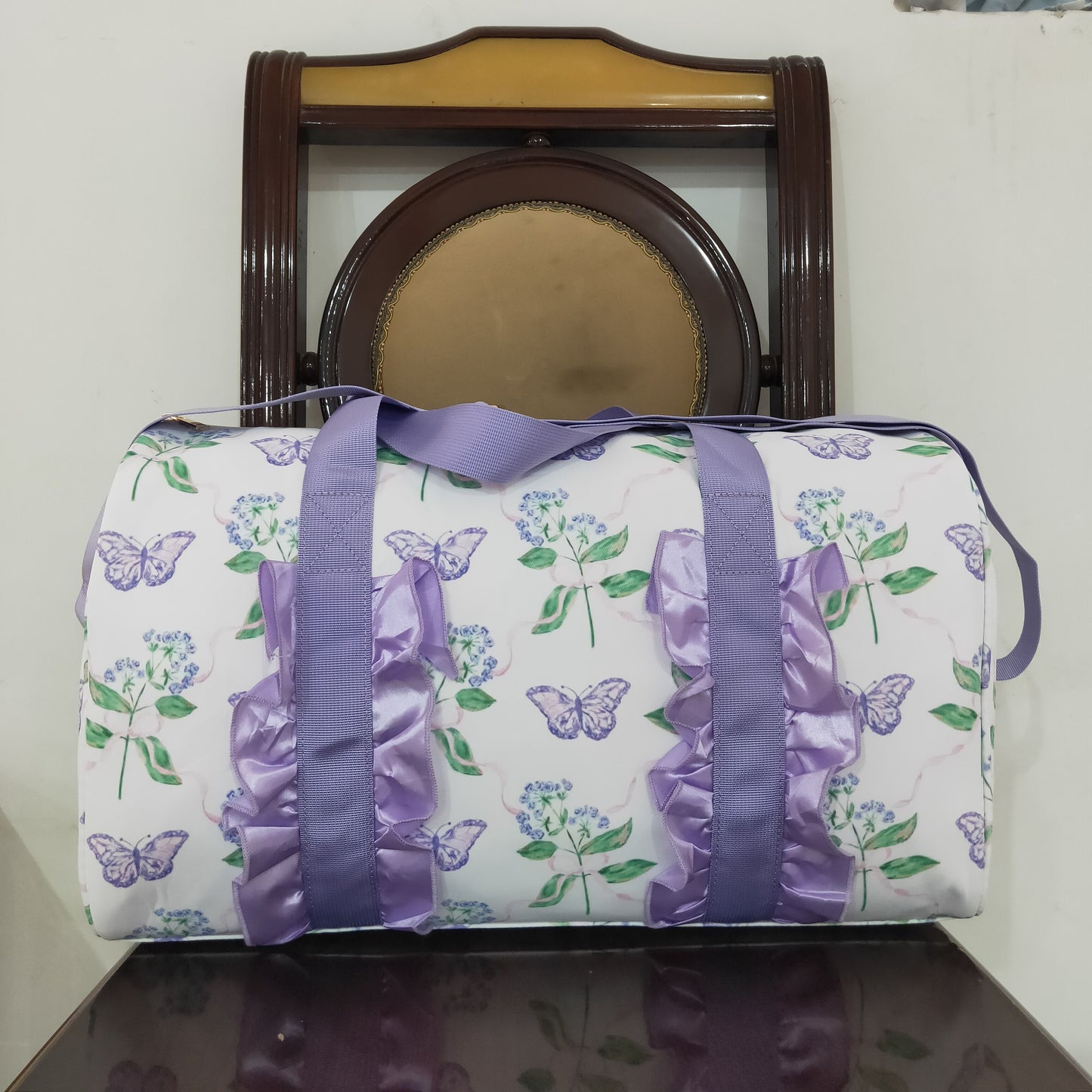 BA0293 Lavender Ruffle Butterfly Floral Print Gym Duffle Bag 7.7